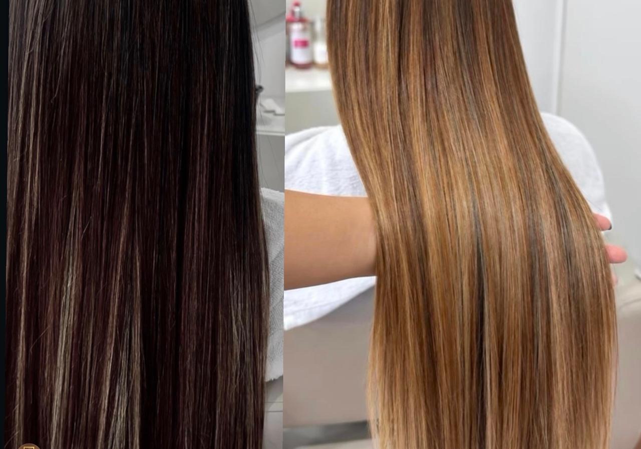 Cabelo castanho escuro que ficou acobreado e liso, antes e depois