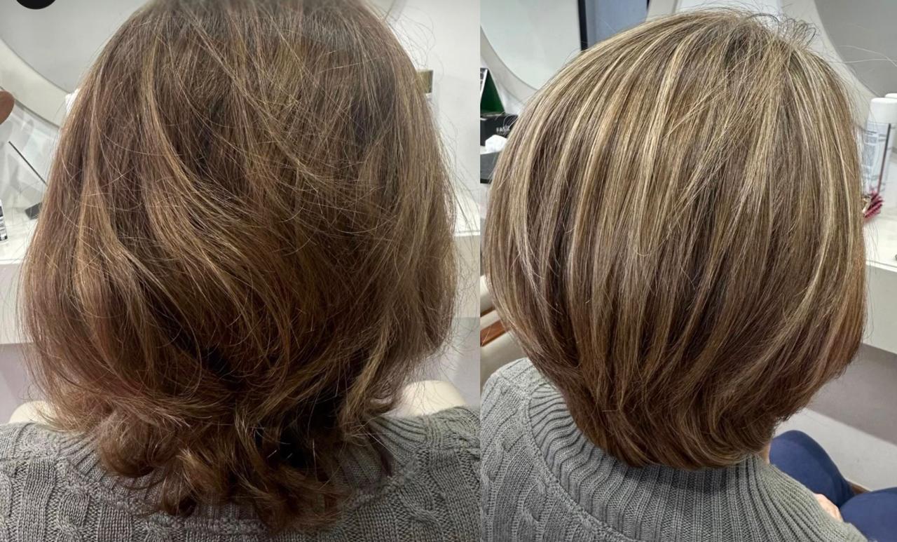 Cabelo castanho médio com luzes claras e corte repicado, antes e depois