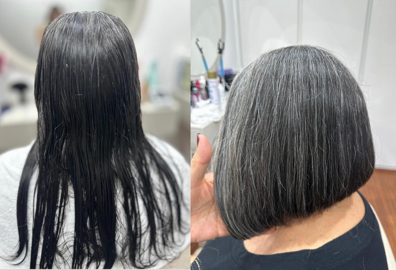 Cabelo escuro longo transformado em corte chanel com fios grisalhos aparentes, antes e depois