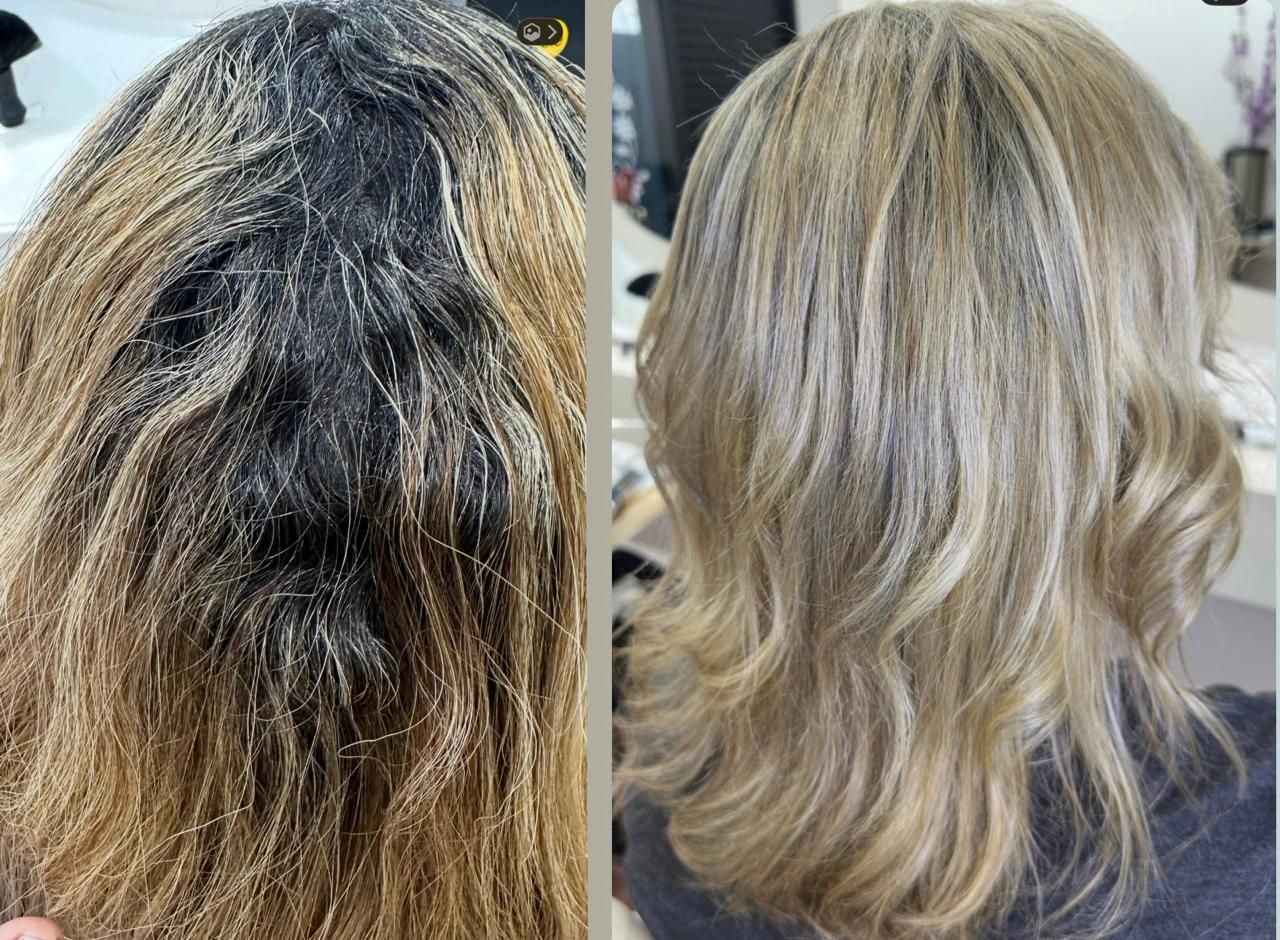 Raiz escura com fios brancos e pontas amareladas que ficou loiro acinzentado com ondas, antes e depois