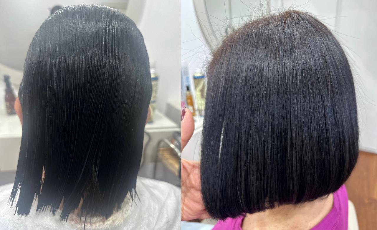 Cabelo preto liso transformado em corte chanel reto, antes e depois