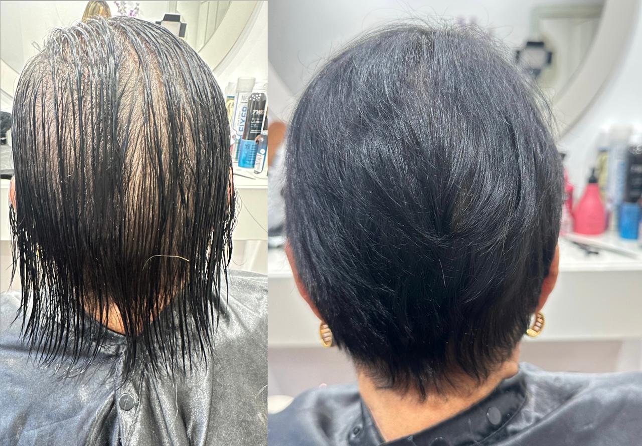 Corte curto feminino em cabelo escuro, antes e depois