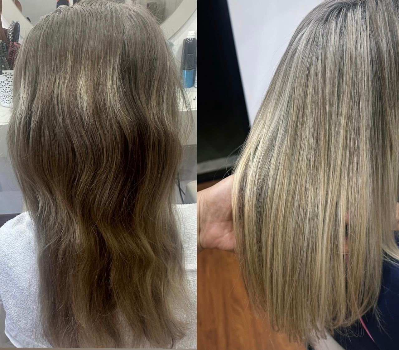 Cabelo longo sem brilho que ficou loiro acinzentado e liso, antes e depois