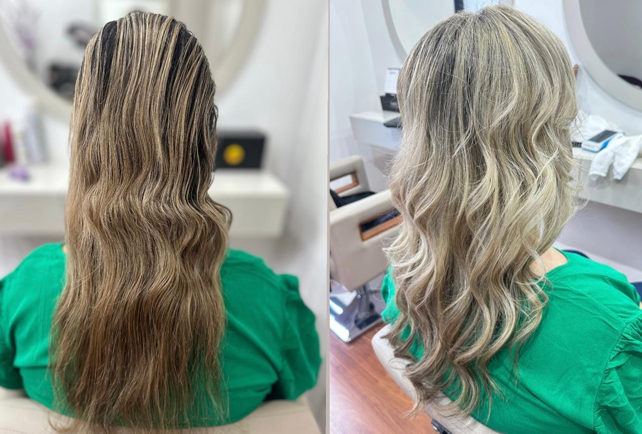 Antes e depois: cabelo longo castanho que ficou loiro acinzentado com ondas, feito por cabeleireiro em Araraquara