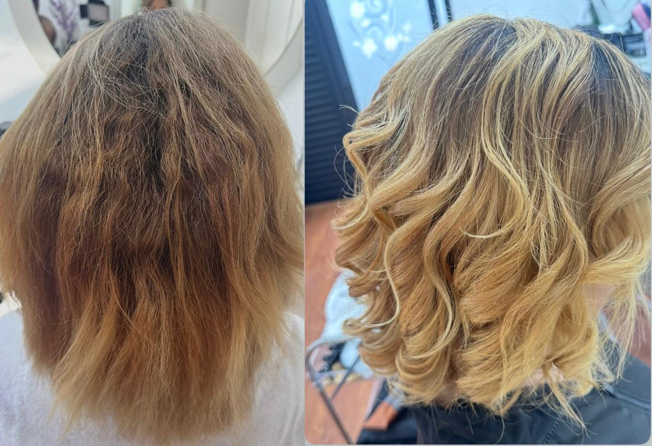 Cabelo médio com pontas desbotadas que ficou loiro dourado com ondas, antes e depois