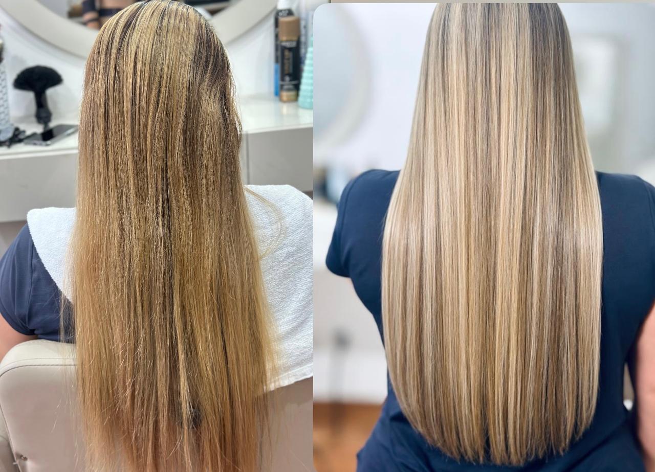 Cabelo longo loiro que ficou iluminado e liso, antes e depois em Araraquara