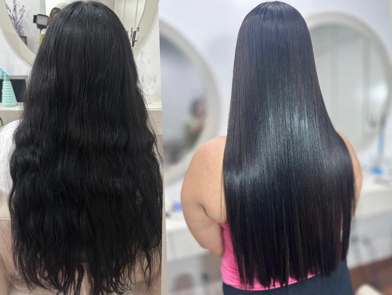 Cabelo preto longo e ondulado que ficou liso e com brilho, antes e depois em Araraquara
