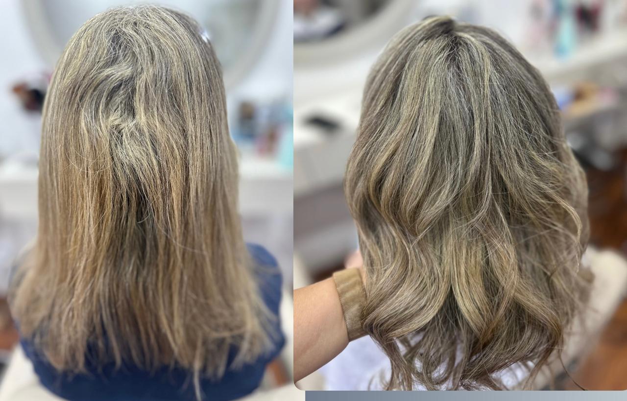 Cabelo médio em tom claro acinzentado que ficou com ondas definidas, antes e depois