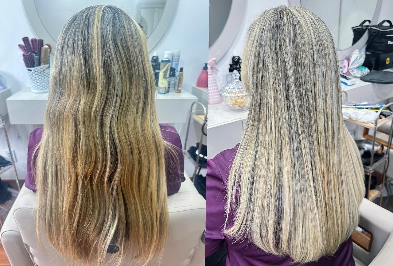 Antes e depois de cabelo longo loiro no salão de beleza Estilo Arte, em Araraquara