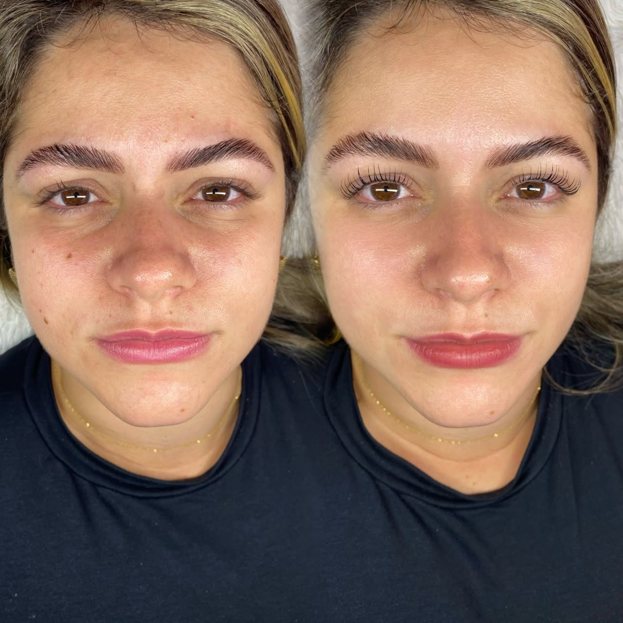 Design de sobrancelhas antes e depois (com cílios), feito pela Melyssa Teixeira no Estilo Arte, em Araraquara