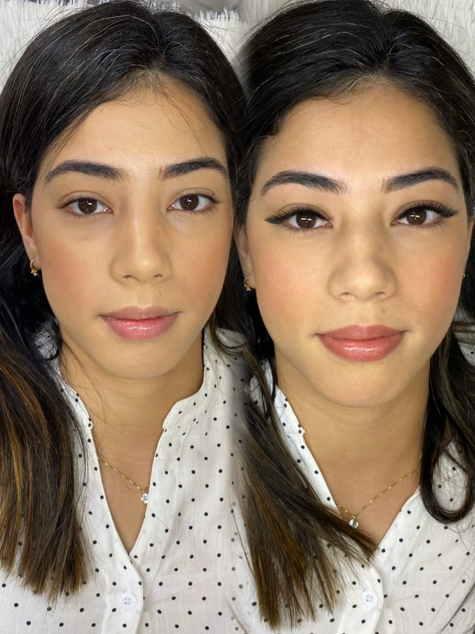 Design de sobrancelhas antes e depois (com extensão de cílios), feito pela Melyssa Teixeira no Estilo Arte, em Araraquara