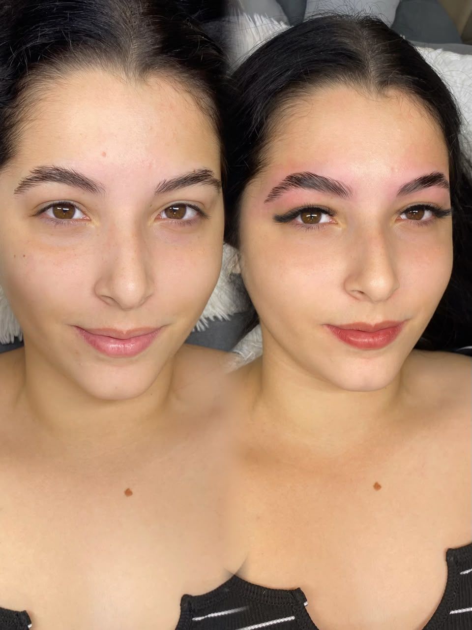 Design de sobrancelhas antes e depois (desenho definido), feito pela Melyssa Teixeira no Estilo Arte, em Araraquara