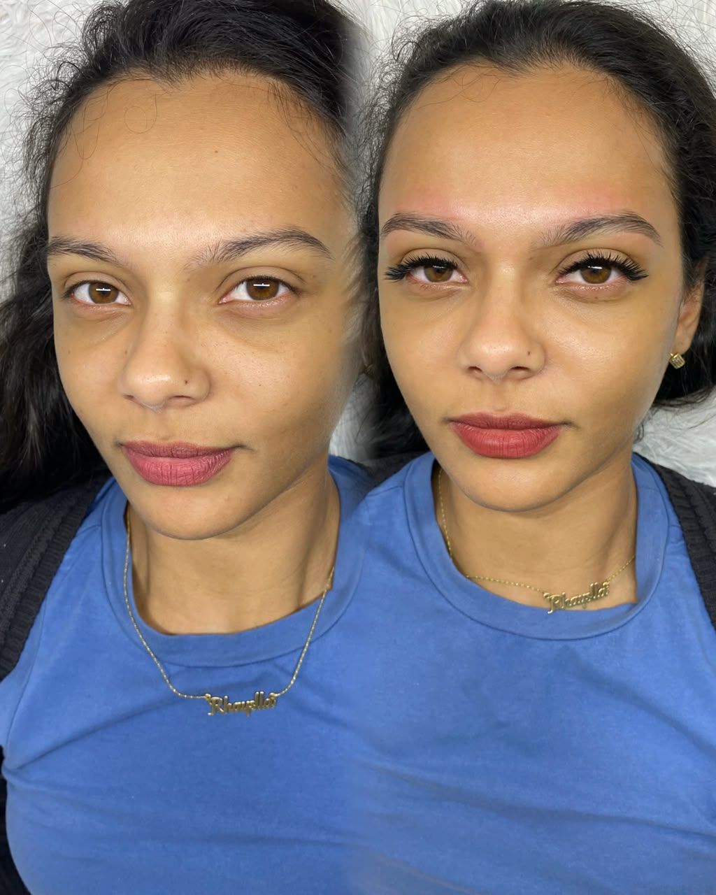Design de sobrancelhas antes e depois (desenho marcado), feito pela Melyssa Teixeira no Estilo Arte, em Araraquara