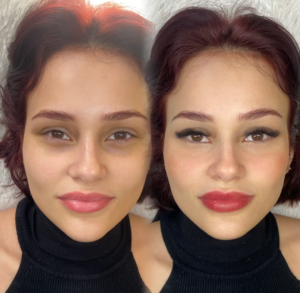Design de sobrancelhas antes e depois (efeito encorpado), feito pela Melyssa Teixeira no Estilo Arte, em Araraquara