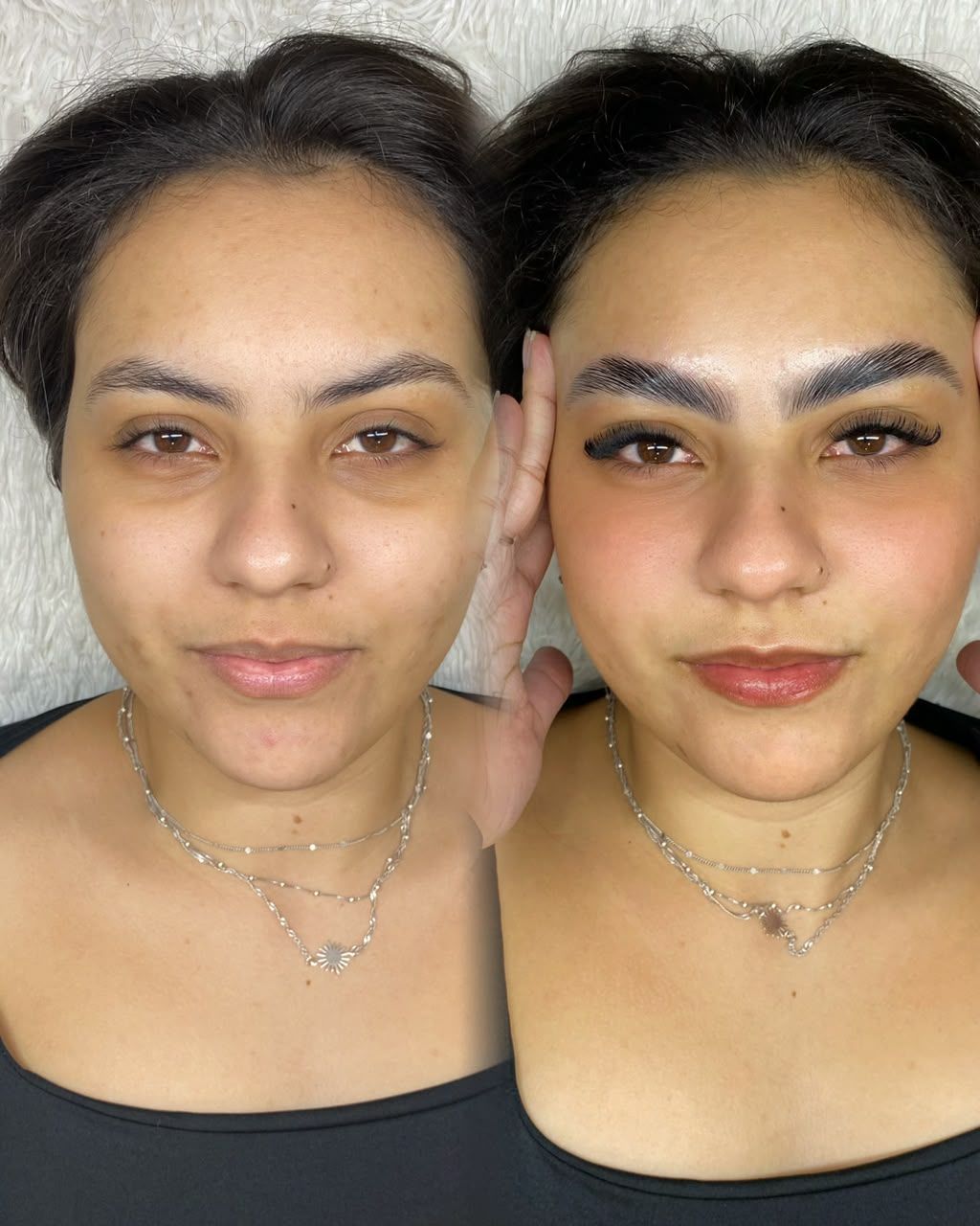 Design de sobrancelhas antes e depois (efeito espesso), feito pela Melyssa Teixeira no Estilo Arte, em Araraquara