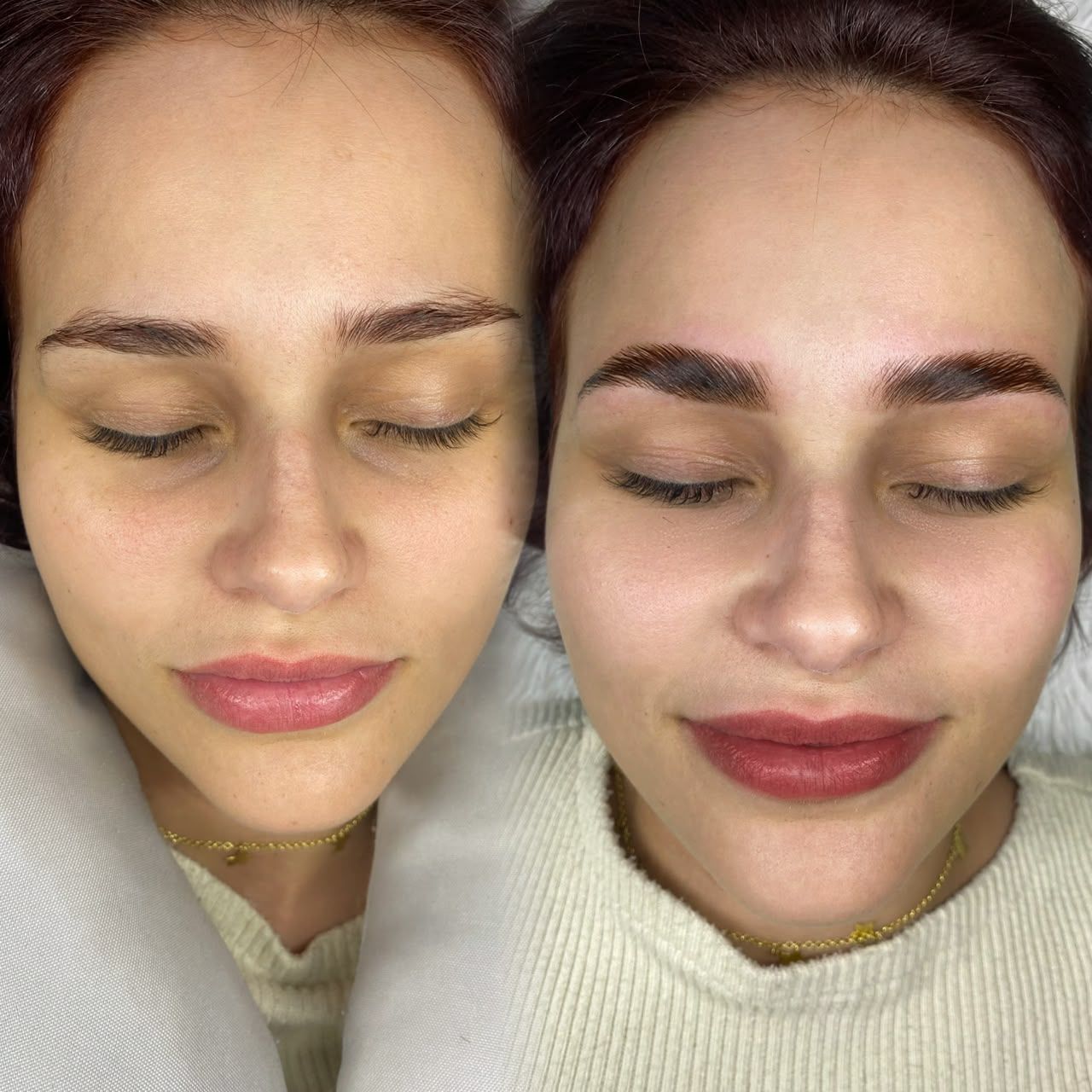 Design de sobrancelhas antes e depois (olhos fechados), feito pela Melyssa Teixeira no Estilo Arte, em Araraquara