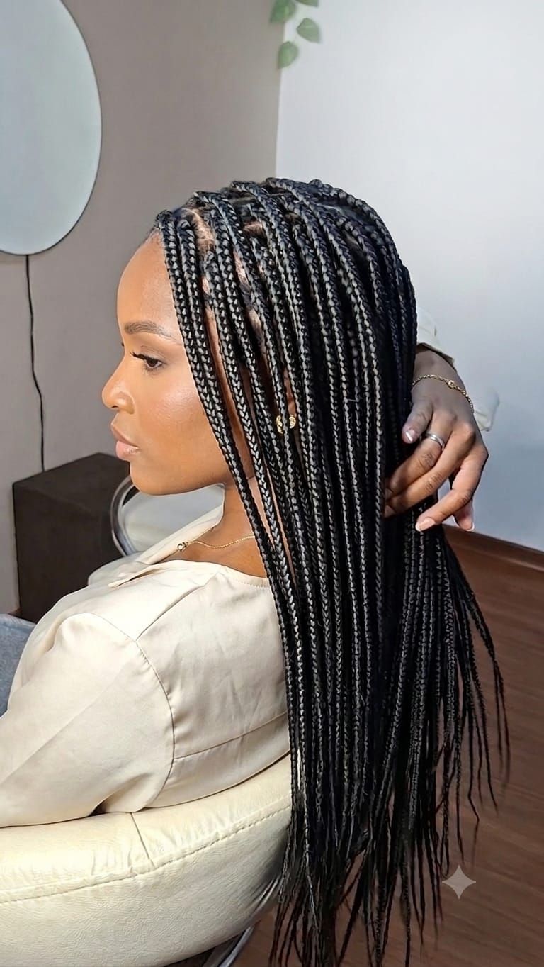 Knotless braids pretas e longas, feitas pela trancista Bruna Ribeiro no Estilo Arte, em Araraquara